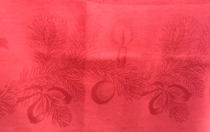 Christmas Tablecloth -Red - 100% Linen Damask w Baubles/Candles/Pine Sprigs - Picture 1 of 6
