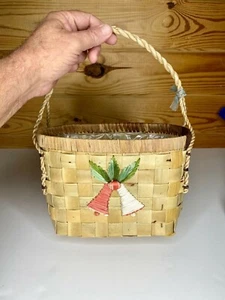 VTG Rope Handle Basket w-Hand Stitched Bells - 14" Tall/ Home Decor - Picture 1 of 8
