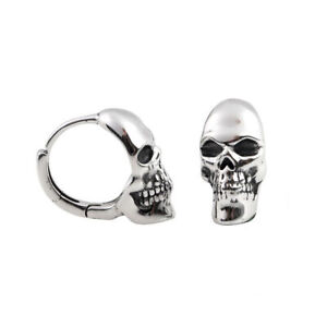 Men's Sterling Silver Gothic Biker Skull Skeleton Huggie Hoop Earring A1186