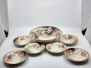 Antik RS Preußen Porzellan 7 tlg Beeren Schalen Set rosa Rosen signiert BERNAY - Bild 1 von 14