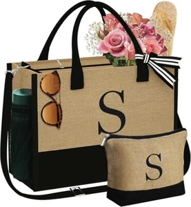 Bolso de Mano S Initial de Yute y Bolsa de Maquillaje Regalo de Cumpleaños para Mujeres, Mamá, Maestras... - Imagen 1 de 6