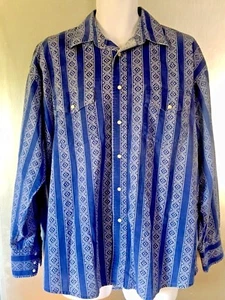 Vintage Wrangler Pearl Snap Shirt Blue Diamond Striped Western - Picture 1 of 9