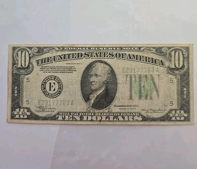 1934 A $10 Federal Reserve Note. Circulated. Light Green Seal - Image 1 of 3