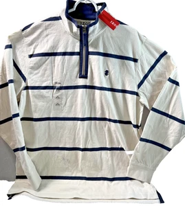 Izod Pullover Herren Large weiß marine gestreift Viertelreißverschluss Rugby Jersey Shirt neu - Bild 1 von 10