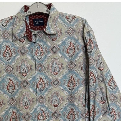 Indigo Palms Shirt Mens Large Maroon Blue Khaki Button Down Cotton Paisley - Image 1 of 4
