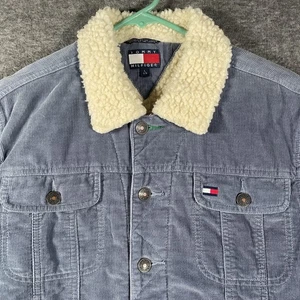 Tommy Hilfiger Jacket Womens Large Blue Corduroy Sherpa Lined Trucker Flag Logo - Picture 1 of 9