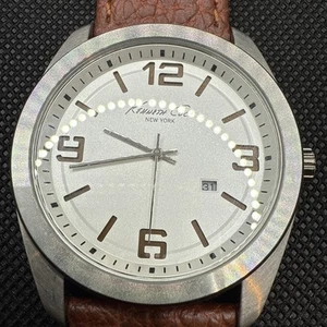 Men Kenneth Cole New York Watch Silver Steel Case Brown Leather Band Kc1710 Date - Picture 1 of 5