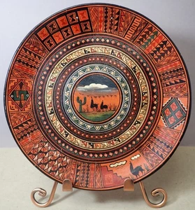 Peruvian Folk Art Hand Painted Red Clay Pottery Plate Cusco Peru Signed 10.5" - Picture 1 of 12