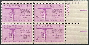 U.S. Scott #1089, P.B. of 4, Amer. Inst. of Architects 100th Anni Issue, VF, MNH - Picture 1 of 2