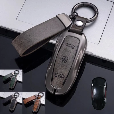 Zinc Alloy Leather Car Remote Key Fob Case Cover Bag For Tesla Model 3 S Model Y - Image 1 of 4