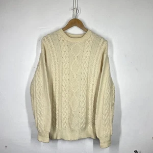 Vintage Aran Knit Jumper Mens M Cream 100% Wool Cable Hand Crew Neck Chunky - Picture 1 of 8