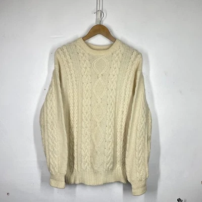 Vintage Aran Knit Jumper Mens M Cream 100% Wool Cable Hand Crew Neck Chunky - Image 1 of 4
