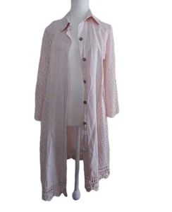 Made In Italy Pure Linen Long Jacket Cardigan Button Up Pink Lace Crocheted - Picture 1 of 13