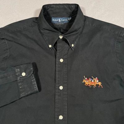 Ralph Lauren Triple Pony Shirt Mens Medium Black Long Sleeve Button Down Flesh - Image 1 of 4