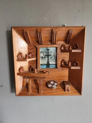 Vintage Hand Carved Wooden Diorama/Shadow Box of a Kitchen • Folk Art 9½ T 9¾ L - Image 1 of 4