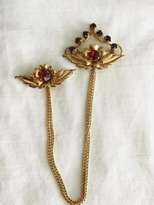 Vintage LINC 12K Gold Filled Red Rhinestone Flower Chatelaine Double Brooch - Picture 1 of 3