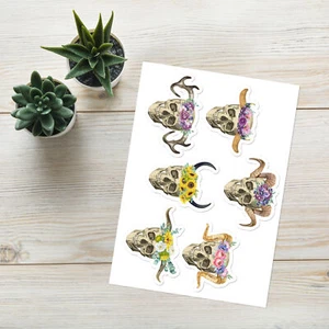 "Pretty Dead"" Pastell Gothic Aufkleber Blatt - gehörnte Blumenschädel Aufkleber x6" - Bild 1 von 1