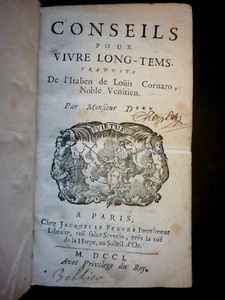 Conseils pour Vivre Long-Tems - Loüis Cornaro - 1701 - E.O (médecine) - Imagen 1 de 12