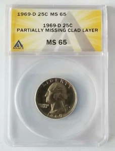 1969 D Washington Quarter 25C Partially Missing Clad Layer - Denver - ANACS MS65 - Picture 1 of 7