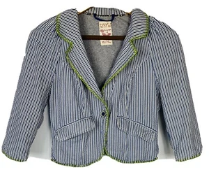  Free People Blue Striped Blazer Seersucker Jacket Green Trim Pockets Size 4 - Picture 1 of 5