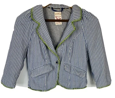  Free People Blue Striped Blazer Seersucker Jacket Green Trim Pockets Size 4 - Image 1 of 4
