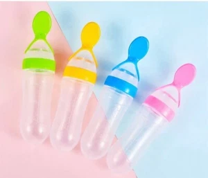 US Baby Silicone Squeeze Feeding Bottle w/Spoon Food Self-stand Feeder 3oz/90ML - Picture 1 of 6