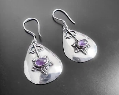 Oval Amethyst Dotted Pebbled Bali Style Sterling Silver Teardrop Dangle Earrings - Image 1 of 4
