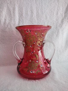 Moser Glass Cranberry 3 Handled Vase W/ Gold Enameled Decoration - Picture 1 of 8