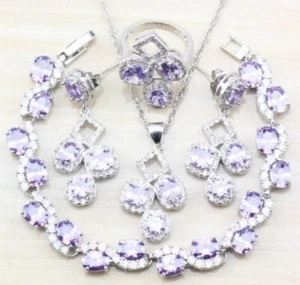 Light Purple Bridal Set Jewelry Silver Necklace Earrings Bracelet Wedding Set - Picture 1 of 7
