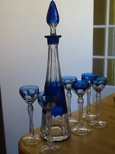 VINTAGE SIX CORDIALS + DECANTER GLASS CRYSTAL BLUE LAGON VAL ST LAMBERT BELGUIM - Picture 1 of 14