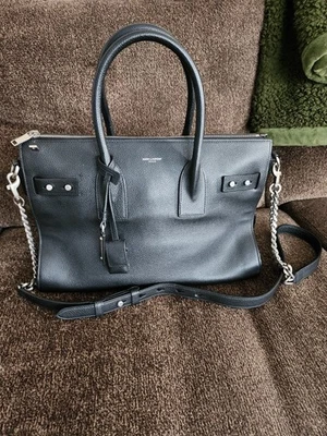 SAINT LAURENT Sac De Jour Pequeño Lona Mango Superior Granulado Guijarro Cuero Negro Foto 1 de 4
