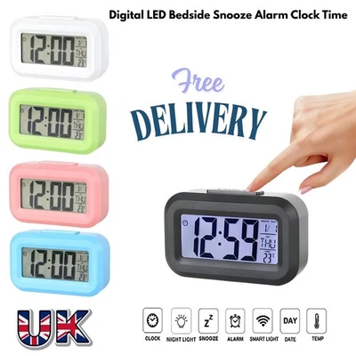 Digital LED Bedside Snooze Alarm Clock Time Temperature Day-Night Mode Clock UK - Image 1 of 4