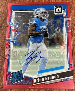 2023 Brian Branch Donnruss Ottica Rosso Scintillante Prizm/11 Auto Rookie RC Lions - Foto 1 di 2