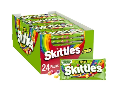 Skittles кислые фруктовые жевательные конфеты, полный размер, 1,8 унц., 24 упаковки. - Изображение 1 из 4