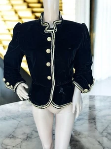 Vintage 80s 90s Black Velvet Gold Embroidered Military Button Jacket Blazer M - Picture 1 of 7