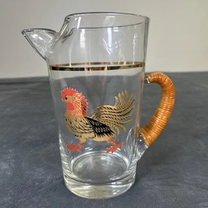 Vintage MCM Carl Aubock? Pitcher Glass Rattan Wrapped Handle Gold Rooster 9" - Picture 1 of 9