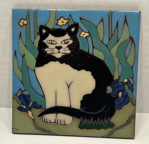 Pacific Blue Tile Black & White Tuxedo Cat & Flowers Ceramic Trivet 6” - Picture 1 of 12