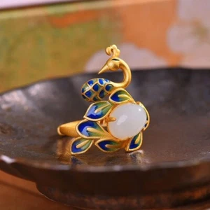 Jade Pfau Ring Mode Weiß 925 Silber Naturschmuck Luxus Damen - Bild 1 von 5