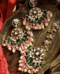 Vergoldete indische Bollywood Meenakari Kundan Chandbali Jumka Ohrringe Set - Bild 1 von 6
