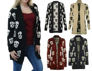 Women Ladies Halloween Skeleton Skull Print Open Front Knitted Cardigan - Picture 1 of 5