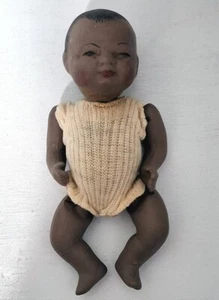 Vintage 4.5" Bisque Strung Boy Doll w/Knit Romper - Picture 1 of 12