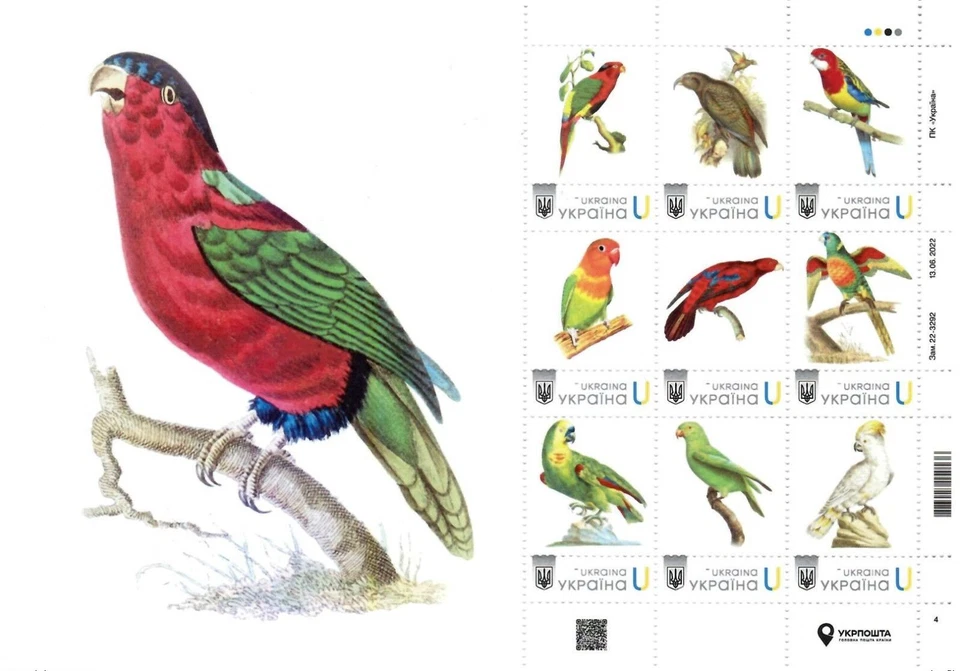 Ucrania 2023, Fauna, Aves, Loros, Hoja 9v Foto 1 de 1
