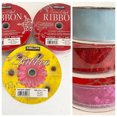 3 Pack Kirkland Wire Edged Ribbon 1.5" Wide 50 Yard Gift Wrap Hot Pink Red Blue - Image 1 of 4