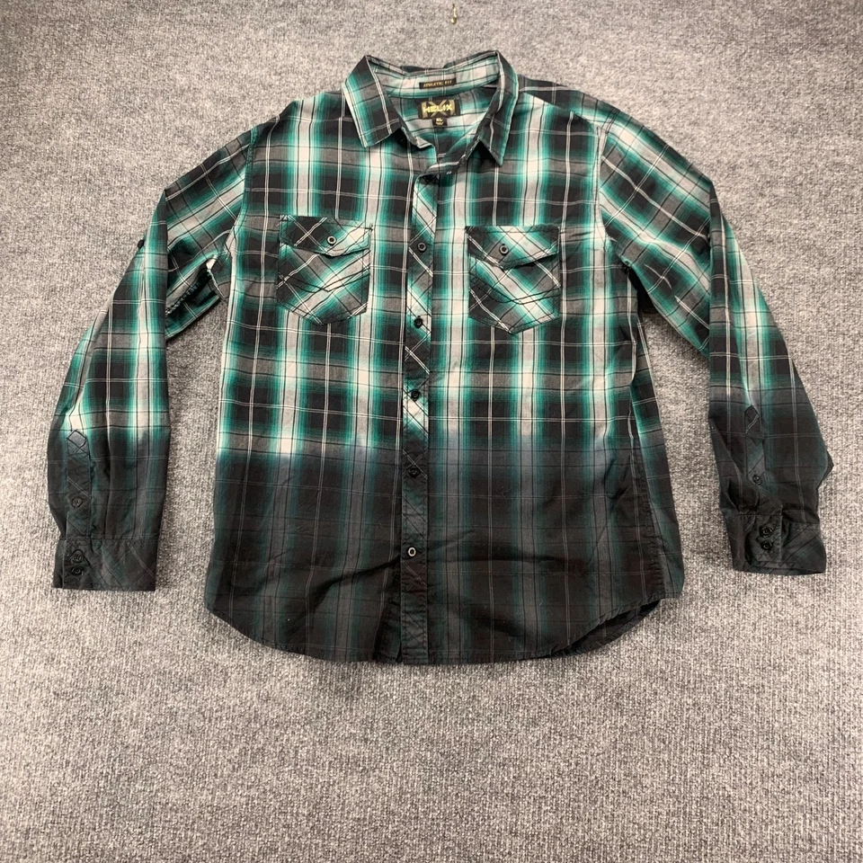 Camisa con botones Helix para hombre XL verde negra a cuadros calce atlético manga larga bolsillo Foto 1 de 4