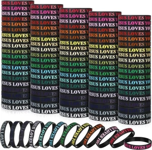 Lewtemi 100 Stück Jesus liebt dich Silikon Armband bunte Kautschuk Armbänder Chr - Bild 1 von 2