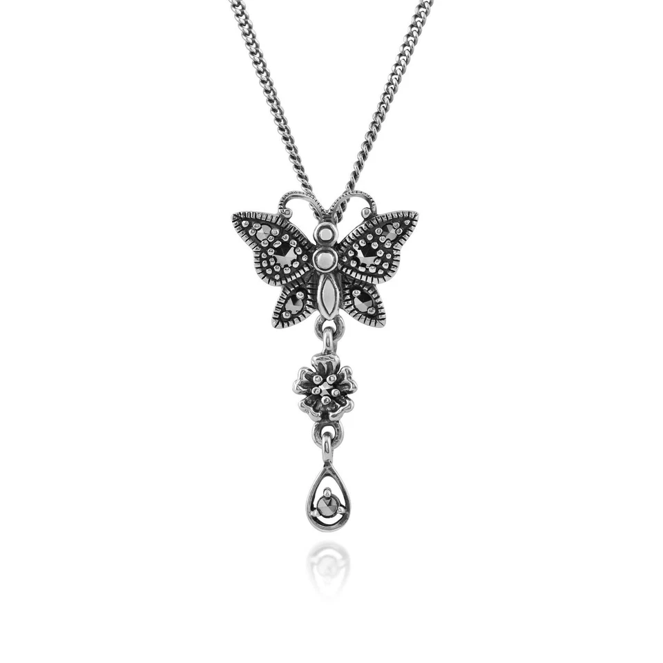 Art Nouveau Stile Rotondo Marcasite Farfalla Ciondolo IN 925 Argento Sterling - Immagine 1 di 1