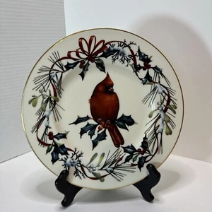 Lenox WINTER GREETINGS Cardinal Red Bird 9 1/2" Accent Luncheon Plate RARE Free* - Picture 1 of 5