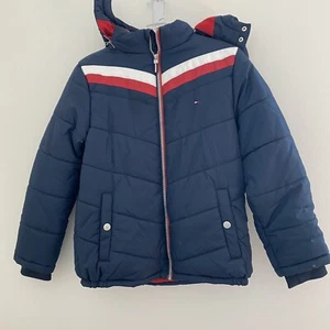Tommy Hilfiger Youth Boys Large 14-16 Navy Spell Out Puffy Jacket Coat Full Zip - Picture 1 of 13