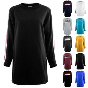 Womens Side Stripes Full Sleeve Pullover Longline Ladies Mini Sweatshirt Dress - Picture 1 of 15