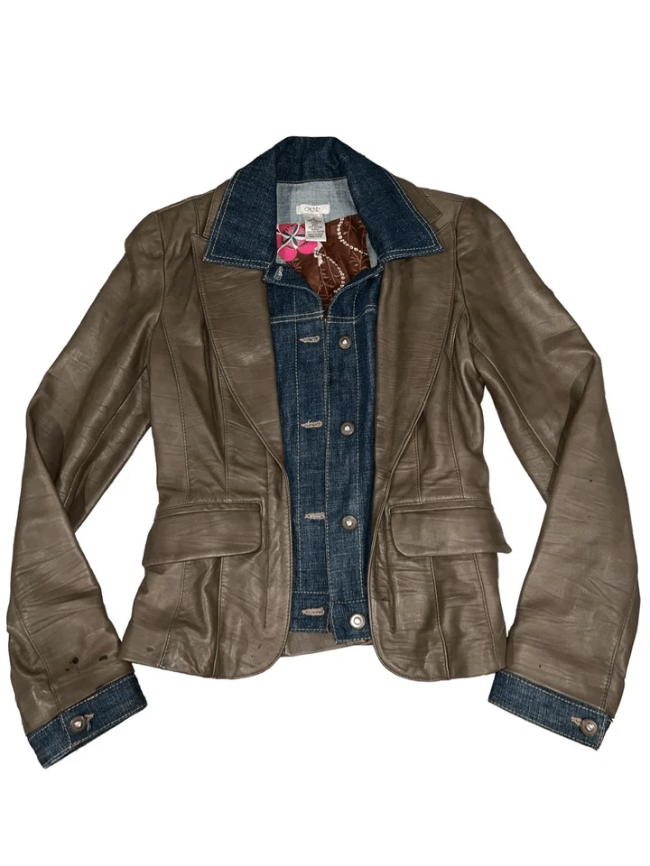 Cache Brown Leather & Dark Denim Blazer Jacket Retro Style Button Up Lined | Siz - Image 1 of 4